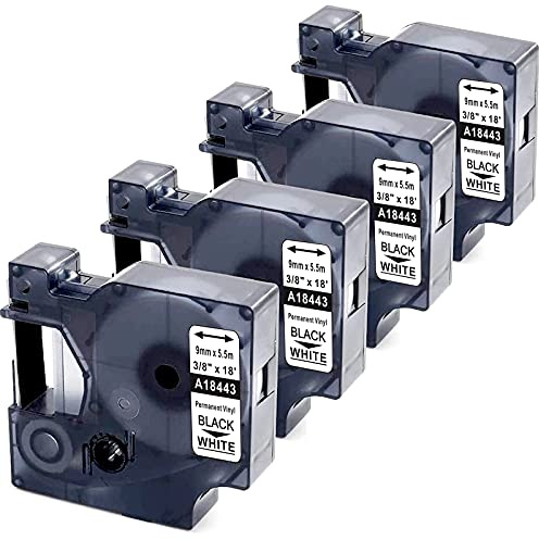 MarkField 4x kompatibel mit Dymo Rhino 18443 9mm Industrie Vinyl Bänder | 18443 schwarz auf weiß 0.35 Band 9mm x 5,5m Schriftband, Industrial Vinyl Label kompatibel mit Dymo Rhino 5200 4200 6000