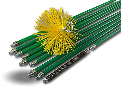 Kibros Kit deshollinador pro entubado cepillo sintético Ø 180 mm 9 varillas | 9 varillas verdes autoblocantes huecas de Ø 18 mm (8×1,4 m + 1×1 m), muelle guía incluido.