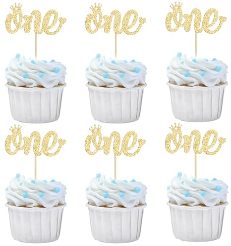 Gyufise Cupcake-Topper, goldfarben, glitzernd, für den ersten Geburtstag, für Kinder, Jungen, Mädchen, 1 Stück, Party-Dekoration, 24 Stück