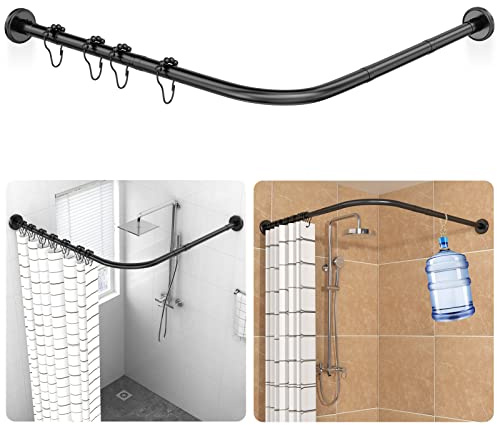 Duschvorhangstange L Form, inkl. 18 Ringe, Bohren Müssen, 90-120 × 90-120 cm, Erweiterbare Edelstahl Duschvorhangwinkelstangen ohne Deckenhalterungen, Rostfrei, für Badewanne & Dusche - Schwarz