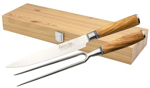Katana Saya Olive Wood 2 Piece Carving Set, 20cm Carving Knife and 18cm Carving Fork, Japanese 67-Layer VG-10 Damascus Stainless Steel, Natural Olive Wood Handle, Kitchen Knife