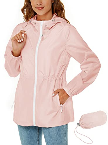 Rapbin Rain Coats for Women Waterproof Jackets Lightweight Quick Dry Packable Hood Raincoat Windbreaker with Zipper Pockets Pink L