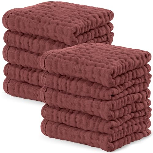 Bekväma ungar muslindukar för baby paket med 10 – mjuk 6-lagers bomull för delikat hud – 25 x 25 cm stor storlek – absorberande, hållbar, skonsam tvättduk för nyfödda och småbarn – vin