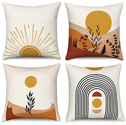 Hnmdmyi Funda de cojín Boho 40x40 Juego de 4, Mediados de Siglo Abstracto Sol montaña Hoja Arco Iris Decorativo Almohada Cubiertas Naturaleza Paisaje Moderno Lino Funda de cojín para sofá Home Deco