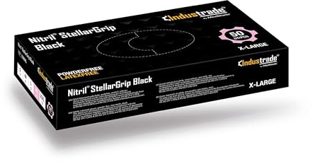 Industrade by Meditrade NITRIL StellarGrip Black Nitrile Industrial Gloves - Diamond Texture for Enhanced Grip - Powder & Latex Free Disposable Gloves - 6.5g Thickness - X-Large - 50pcs