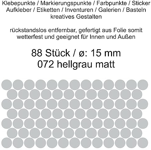 Aufkleber Etiketten Klebepunkte aus Folie 88 Stück grau hellgrau rund 15 mm selbstklebend farbig wetterfest Decal Markierungen Organisieren DIY basteln verzieren Modellbau Scrapbooking