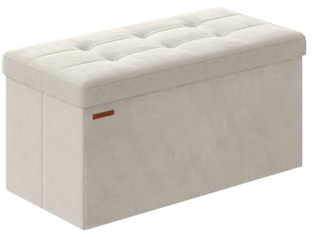 SONGMICS Storage Ottoman, Foldable Small Ottoman Foot Rest, 38 x 76 x 38 cm Foot Stool, Cube Ottoman with Storage, Load up to 300 kg, for Living Room, Bedroom, Entryway, Cream White LSF247W51