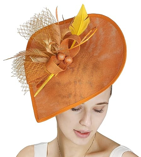 GIBZ Damen Fascinator Hut mit Breiter Krempe Elegant Tea Party Stirnband Pillbox Hüte mit Federn Hochzeits Kopfschmuck, Braun