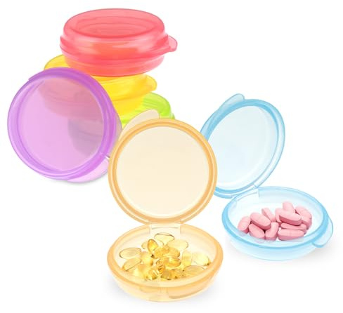 Prasacco 6 Stück Mini-Pillendose in 6 Farben - Kleine Pillen-Organizer-Box, Tragbare Reise-Aufbewahrungsbox für Pillen, Vitamin, Leberöl, Süßigkeiten (4 x 4 x 1,5 cm)