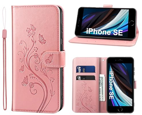 KRAFTCARE Lederhülle kompatibel mit iPhone SE 2022/2020 Hülle, Handyhülle für iPhone 8/7 Premium PU Leder Wallet mit Kartenfach Ständer Klapphülle Schutzhülle für iPhone 7/8/SE, Rosa | Premium PU Leder mit Prägung, Kartenfach, Ständer, Magnetic Closure, RFID Blockierung, Flip Wallet Handyhülle, Rosa