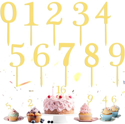 RAFIYU Cake Topper Geburtstag 10 Stück Tortendeko Gold Zahlen 0-9 Geeignet für Geburtstagsfeiern Jeden Alters Hochzeitsparty Cake Topper Personalisiert Wiederverwendbar (2)