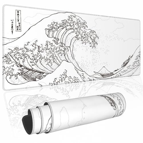 Japanese Sea Wave Large Mouse Pad Anime White Gaming Mouse Pad Kanagawa Mouse Mat Desk Pad,3mm Thick Long Non-Slip Rubber Base Waterproof Big Keyboard Mat with Stitched Edges,31.5 X 11.8 Inch,White