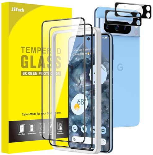 JETech Protection D'écran Couverture Complète pour Google Pixel 8 Pro avec Protecteur d'Objectif de Caméra, Film en Verre Trempé, Compatible ID Empreinte, HD Transparent, 2 Pièces Chacun
