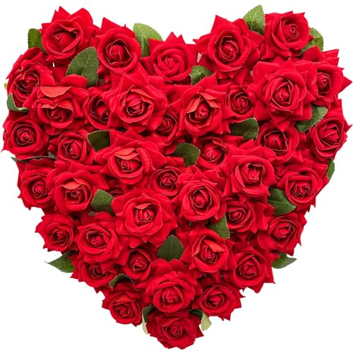 Valentines Day Heart Wreath Red Rose Heart Wreaths Valentines Heart Shaped Wreath for Door with Red Bow Valentines Front Door Decor Farmhouse Decorations (Red)