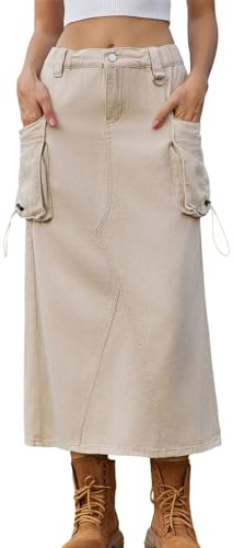 Y2K Cargo Falda Para Mujer Denim Lápiz Elegante Cintura Alta Drawstring Midi Con Bolsillos Vintage Jeans Moda Oficina Streetwear