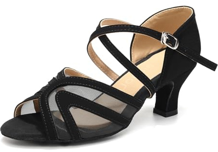 Uonpie Damen Tanzschuhe Latein Leder Bequem Schwarz mit 5cm Absatz Offen Tanzschuhe,41EU