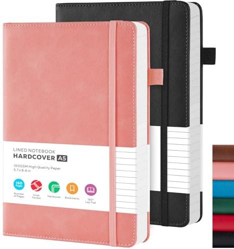 FOCUS DAY Notizbuch A5 Liniert, 2er Pack (rosa und schwarz) Hardcover Journal Buch mit 100 g/m² Premium Papier, Leder Notizblock Notizbücher mit Innere Tasche, 14.5 x 21.3 cm