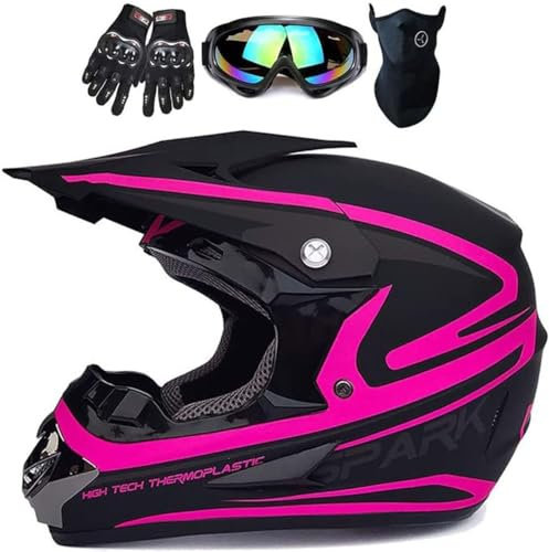 Fullface MTB Motocross Helm, Erwachsene Jugend Enduro Cross Helm Motorradhelm für Fahrrad Downhill Bike BMX Off Road ATV mit Brille Handschuhe Maske(Color:Pink,Size:S(52~53cm))