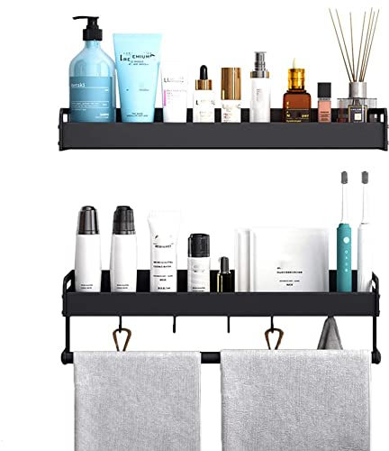 Generisch handtuchständer Badezimmerregal Selbstklebende Wandmontage schwebende Regale mit Handtuchstange ohne Bohren Platz aus Aluminium für Küche und Toilette schwarz 50 cm