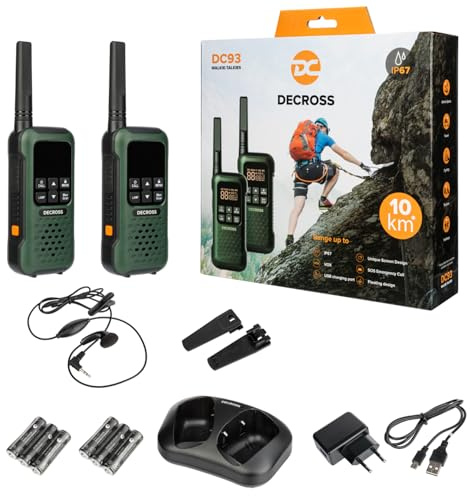 DC DECROSS 93 Talkie Walkie Longue Portée, Toki Walki Professionnelle jusqu'à 10 km, PMR, 16 canaux, VOX, Lampe de Poche, IP67 résistant aux intempéries, Mains Libres, écouteurs, Rechargeable (2pcs)