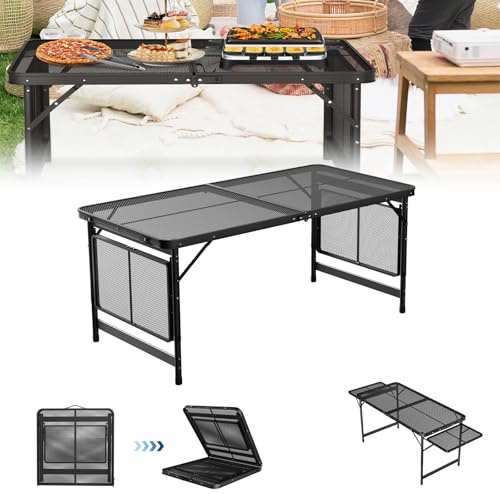 LZQ Campingbord, fällbart grillbord, utomhus med metallgallerplatta, trädgårdsbord, fällbart campingbord, lätt och bärbart, litet bord (120 × 60 × 54,6 cm)