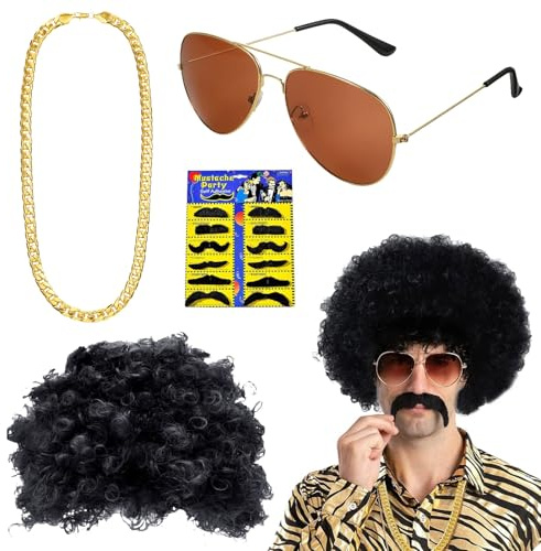 Perücke Herren Set, 80er 90er Jahre Outfit Accessoires Perücken Hip Hop Kostüm Set Gold Digger und Zuhälter Kostüm, Scheich und New Kids Kostüm, Fasching Armband und Goldkette, Rapper und Joker Kostüm