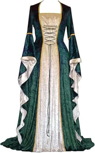 Velcoxplay Retro Mittelalter Kleidung Damen Samtkleid mit Trompetenärmel, Mittelalterliche Viktorianischen Königin Kleider Renaissance Festlich Halloween Karneval Gothic Kostüm Grün S