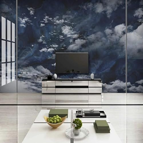 Tzxztt Dark Blue Sky White Cloud Marble Modern 3D Wallpaper Embossed Silk Neutral Tones Material Ideal for Living Room Bedroom-400cm×280cm