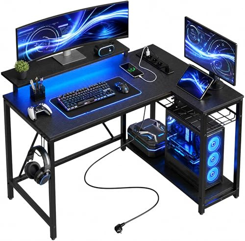 Five Stars® L-förmiger Gaming Schreibtisch - Computertisch - 107x80x76 cm - Gaming-Schreibtisch mit LED-Beleuchtung - Eckschreibtisch - Schwarz Carbon