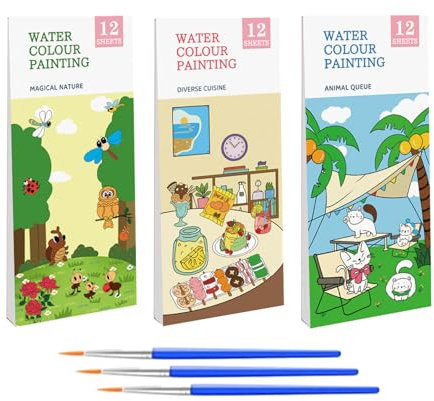 Nurila Malbuch 3 Stück Malblock 36 Seiten, Malen Nach Zahlen Kinder, Wasserfarben Kinder ab 2 3 4 5 6 7, Malbuch Kinder Wasserfarben Mit Pinsel Thema Natur, Essen, Party Coloring Book