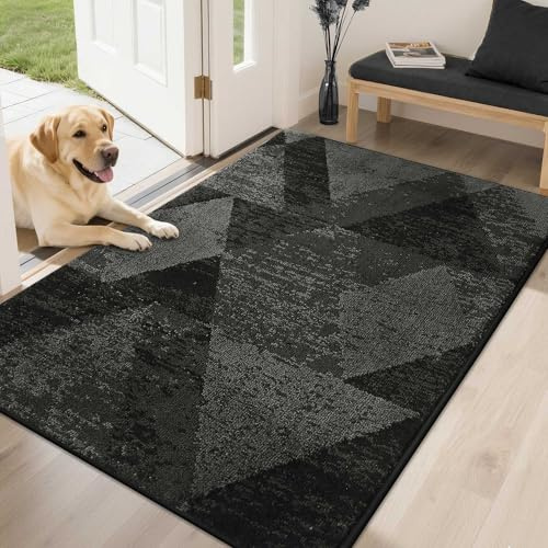COSY HOMEER Fotmatta inuti, smutssamlande matta, tvättbar, rutig dörrmatta 50 x 80 cm, entrématta, ren entrématta, hundmatta, maskintvättbar, svart
