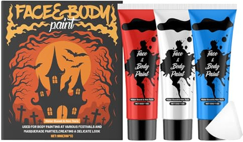 Pintura Corporal - Pintura para Cuerpo 3 Piezas Carnaval Halloween,Maquillaje Resistente al Agua y Fácil de Lavar, Accesorios de Cosplay para Adultos y Niños