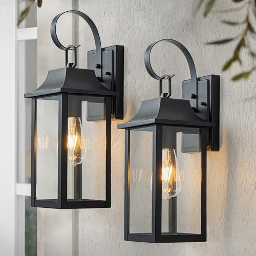 FTL Wall Lights for Outdoor, 2 Pack Vintage Black Wall Lantern, Large Outside Porch Light, E27 Exterior Wall Sconces, Clear Glass Front Door Lighting, IP44 Waterproof Outside Wall Lamp for Patio, Yard