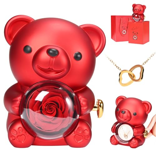 Zyncove Ewige Rose Bär Teddy Geschenkbox, Mit Graviertem Doppelherzkette Halsband Rosenbox Echte Rose Blumen Geschenkbox für Frauen Freundin Valentinstag Hochzeiten Jubiläen