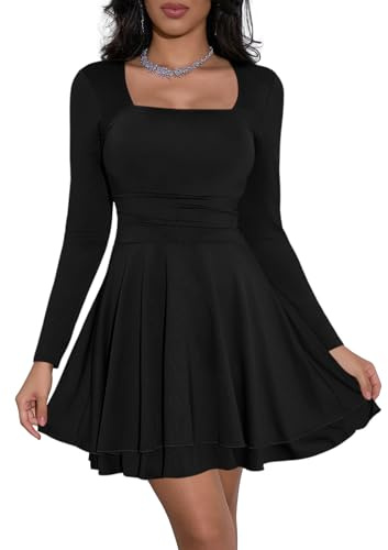 Cicy Bell Vestiti da donna a maniche lunghe, scollo quadrato, abito da festa, orlo con volant, corsetto, mini abito con vita arricciata, abito corto elegante aderente, Nero , S