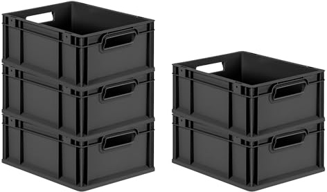 PROREGAL SparSet 5x Eurobox NextGen Grip | HxBxT 17x30x40cm | 16 Liter | Griffe offen | Schwarz | Eurobehälter, Transportbox, Transportbehälter, Stapelbehälter