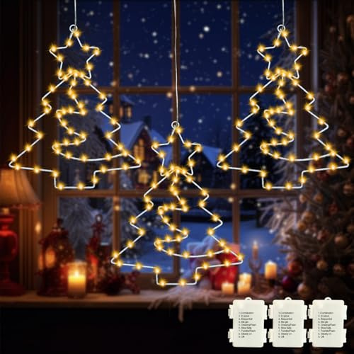 MOLVCE LED Weihnachtsbaum Fensterlichter Beleuchtung, 3 Stück 55 Warmweiße Led Weihnachten Weihnachtsbeleuchtung mit 8 Modi und Timer, LED Fenster Lichter Batteriebetrieben für Weihnachtsdeko