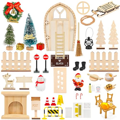 53 Pezzi Porta Elfo Natale Kit, Casetta Elfo di Natale Decorazioni, Porta Elfo Natalizio Legno, Set di Decorazioni Natalizie in Miniatura, Porta Gnomo Set, Kit Fai da te Mini Porta Dell'elfo