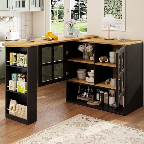 YuQozii 360° drehbare Essbar, multifunktional, geeignet für Schlafzimmer, Wohnzimmer, Esszimmer, mit Snackregal, 5 Ablageflächen, drehbarer Sideboardschrank mit Regalen und Glas (schwarz)