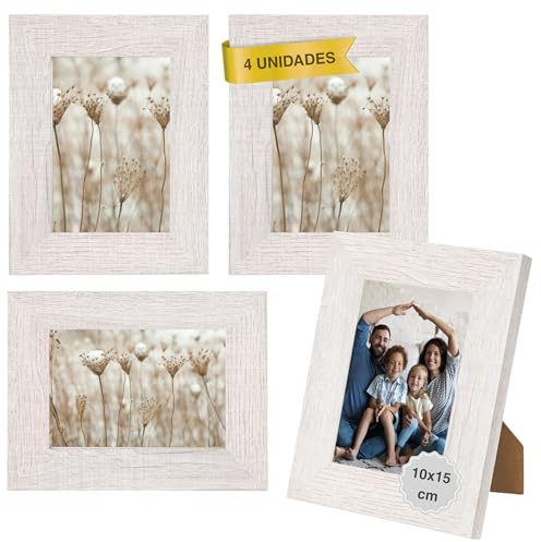 MARCOFOTO Marco de Fotos para Pared - Set de 4 Portafotos MDF con Cristal, uso vertical u horizontal - Decoración hogar u oficina, diplomas - Color Beige 10x15 cm