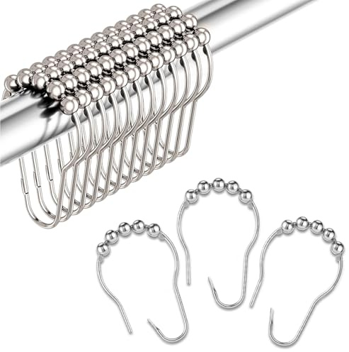 12Pcs Shower Curtain Hooks, Metal Shower Curtain Rings for Bathroom, Spherical Ball Design Friction Reducing, Rust-Proof Smooth Roller Balls Shower Rail Rings for Curtains Rods, 37mm Inner Diameter
