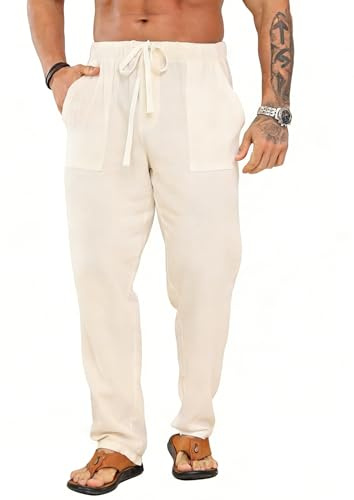 Pantalon en Lin Homme Jogging Coton Décontracté Été Pantalons Yoga Taille Élastique Léger Yoga Pants