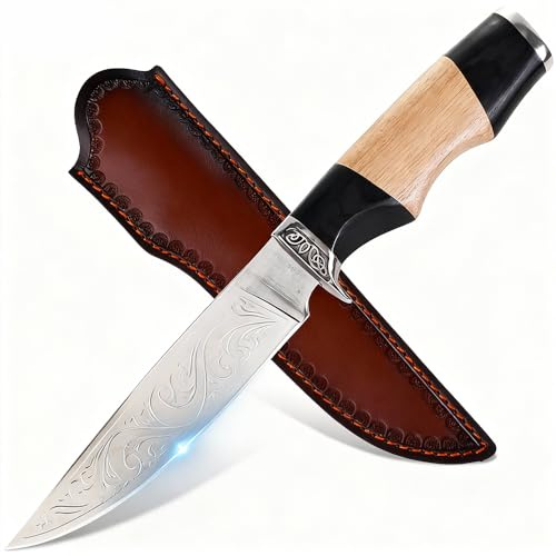 GER-SABER Outdoor Messer 28 cm – Drop-Point Klinge mit floraler Gravur, Verzierter Handschutz mit Motiv, Buche-Wenge-Griff, Eleganter Naturbegleiter