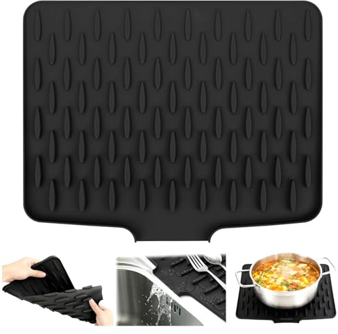 Silicone Dish Drying Mat, Foldable 40x32.5cm Non-Slip Sink & Countertop Drainer Rack | Heat Resistant Drying Mat, Quick Drain Kitchen Pad for Dishes, Pans & Cutlery