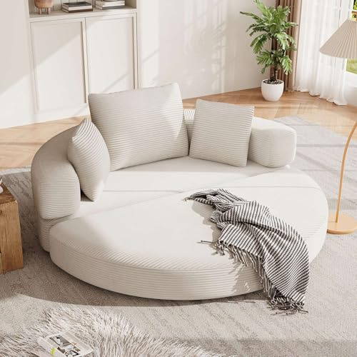 TUPOSTAR Sofá Cama Plegable, Sofá De Suelo Redondo De Pana, con 3 CóModas Almohadas, Sofá Cama Convertible 2 En 1, para Sala De Estar, Apartamento, Sin Ensamblaje,Blanca