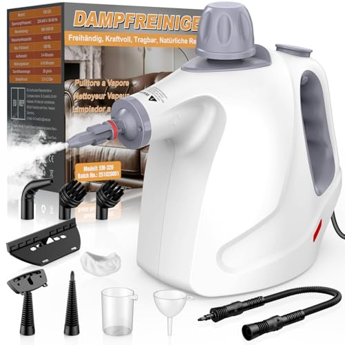 Dampfreiniger Handgerät, 1050W 3,2Bar Mehrzweck Handdampfreiniger für alles mit 10 Zubehör, Chemiefrei, Sicherheitsschloss, Steam Cleaner für Küche Fenster Auto Polster, Entfernt Fett Schmutz (Weiß)