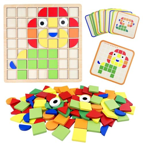 Ravytha 120pcs Kinder Puzzle mit Holz klötzen, Montessori Spielzeug ab 3 4 5 6 Jahre, Kreative Mosaik Holzpuzzle, Tangram Hölzerne Muster Blöcke, Geometrische Formen Holzpuzzles mit 20 Designkarten