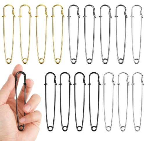 16 Stück Sicherheitsnadeln Groß, 10cm Extragroß Heavy Duty Sicherheitsnadeln für Kleidung, Quilten, Kunsthandwerk, Charms, Decken, Röcke(Silber+Gold+Schwarz+Grau)