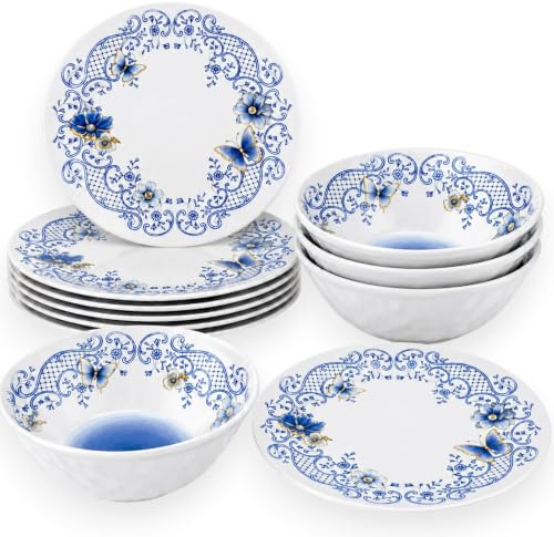 KORAT Servizio Piatti Melamina 15 Pezzi, Set Tavola 6 Persone con Piatti Piani, Piatti Fondi e Insalatiere, Lavabile in Lavastoviglie, Decoro Floreale Blu, Made in Italy
