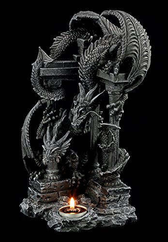 Figuren-Shop.de Fantasy Teelichhalter Figur - Zwei Drachen auf Ruine